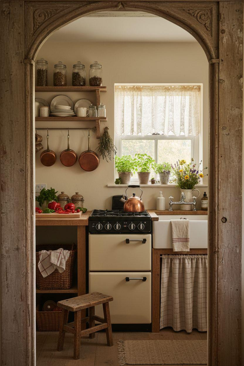 Tiny cottage kitchen with vintage cream stove and reclaimed wood shelves