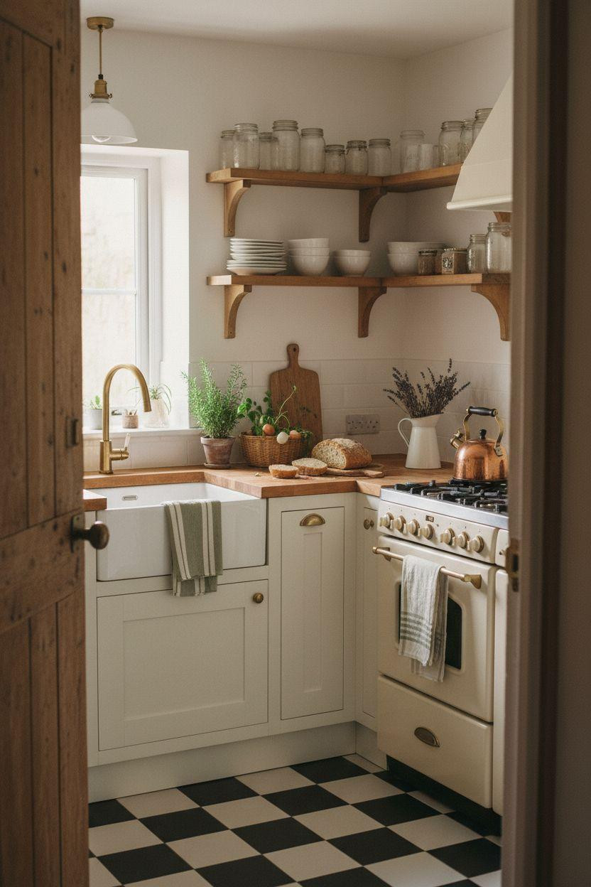 Tiny Farmhouse Kitchen with checkerboard floor