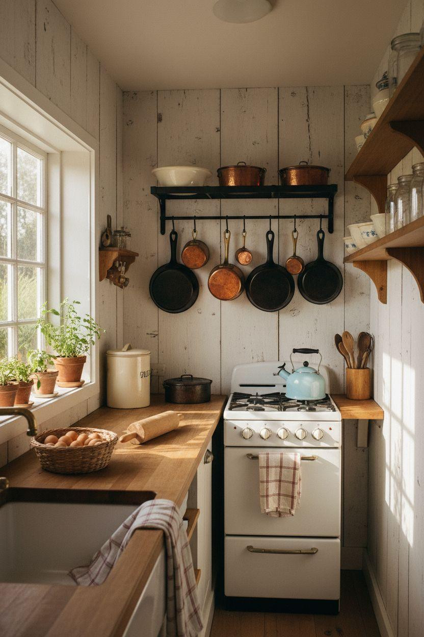 Tiny Farmhouse Kitchen with copper cookware