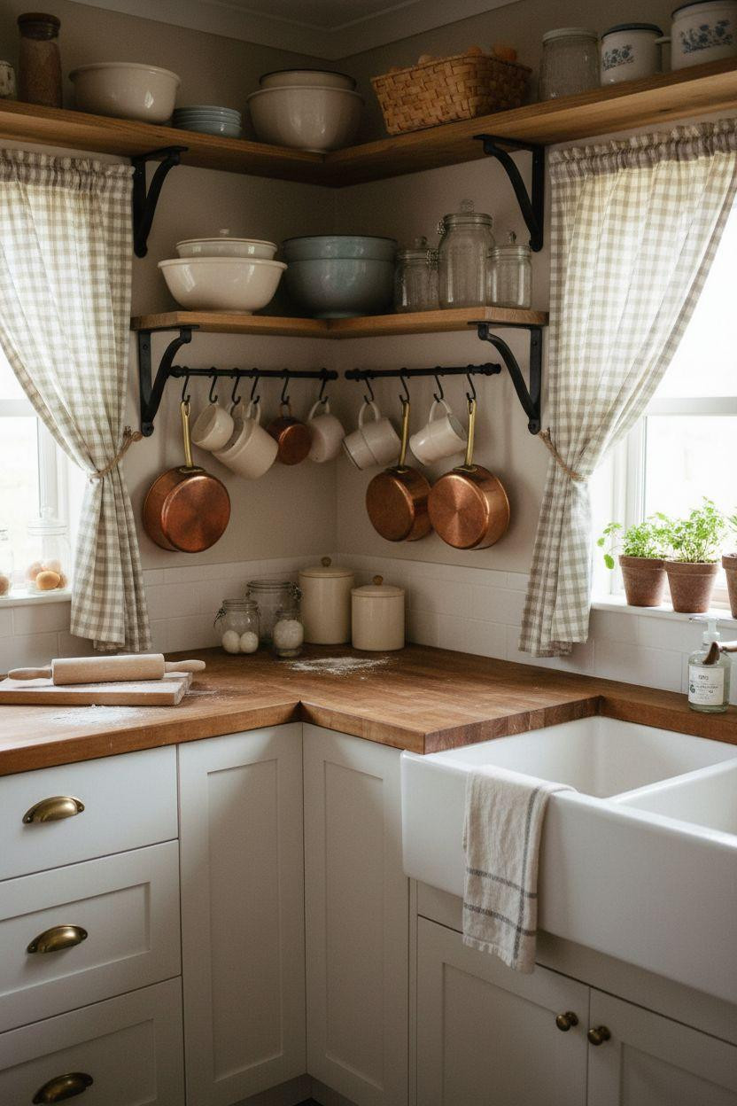 Tiny Farmhouse Kitchen with gingham curtains