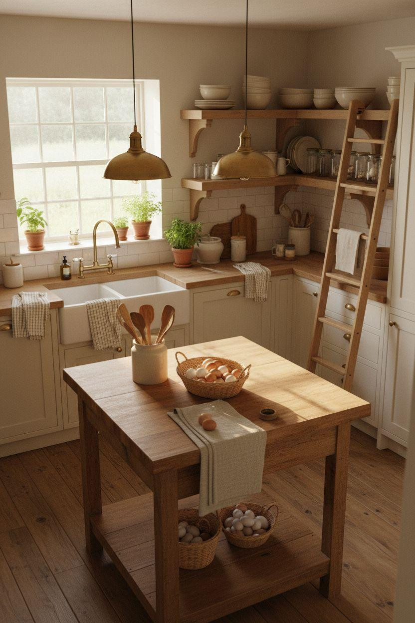 Tiny Farmhouse Kitchen with wooden island