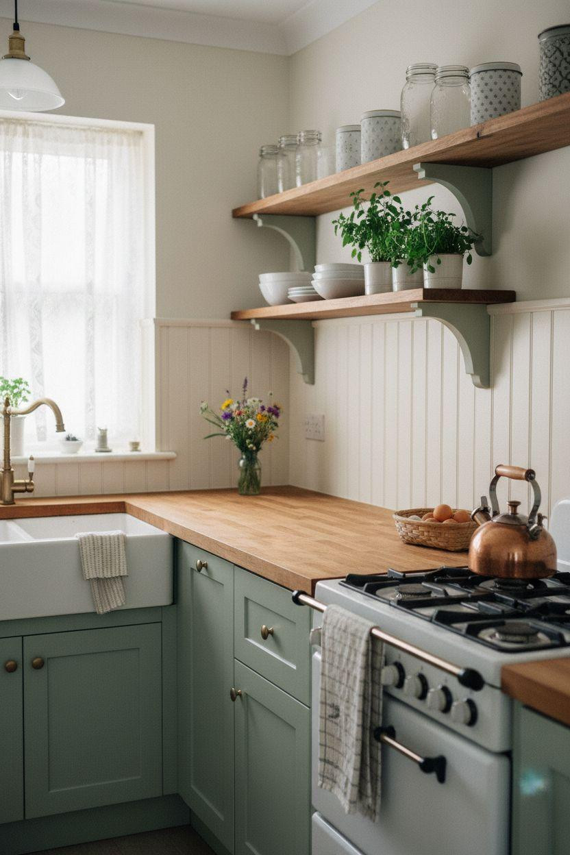 Tiny Farmhouse Kitchen with sage green cabinets