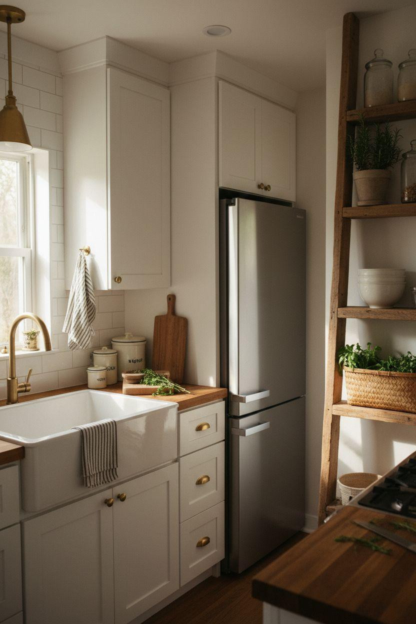 Tiny Farmhouse Kitchen with ladder shelving