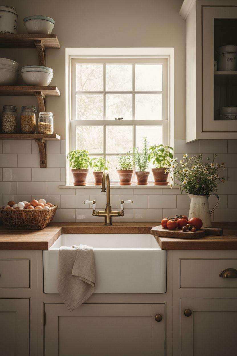 Tiny Farmhouse Kitchen with cream cabinets