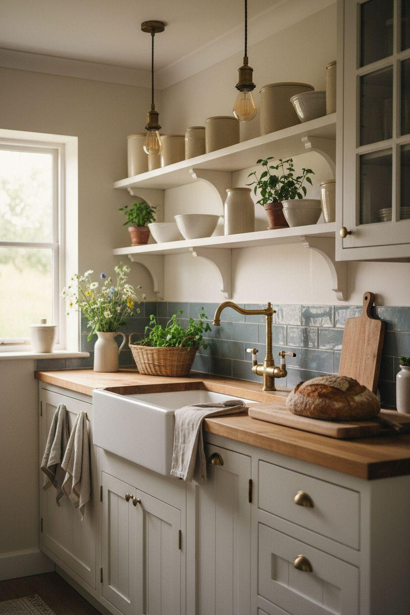 Tiny cottage kitchen with whitewashed cabinets and vintage brass