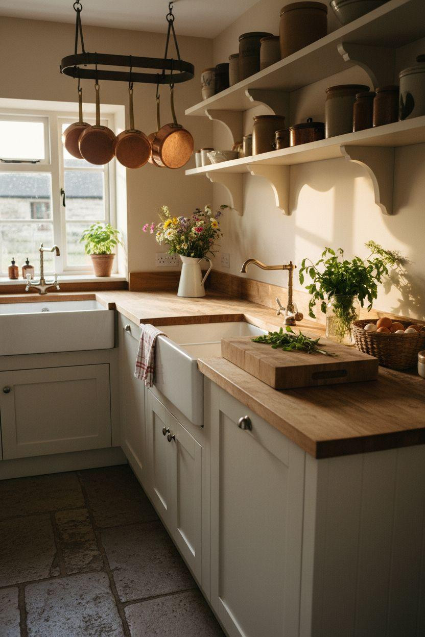 Tiny Farmhouse Kitchen with stone flooring