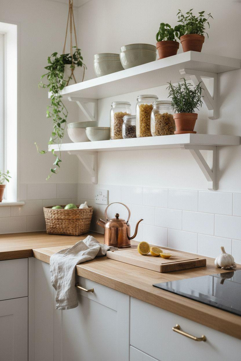 Tiny Kitchen Ideas - floating oak shelves with sage green ceramic bowls