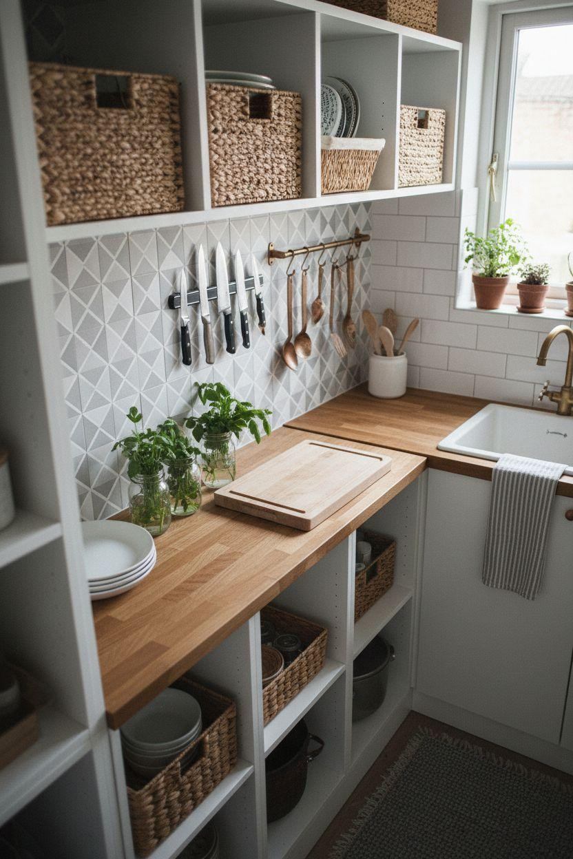 Tiny Kitchen Ideas - IKEA storage with geometric peel-and-stick backsplash