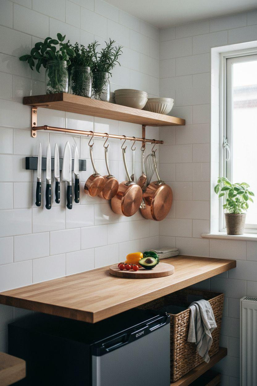 Tiny Kitchen Ideas - magnetic knife strip with hanging copper utensils