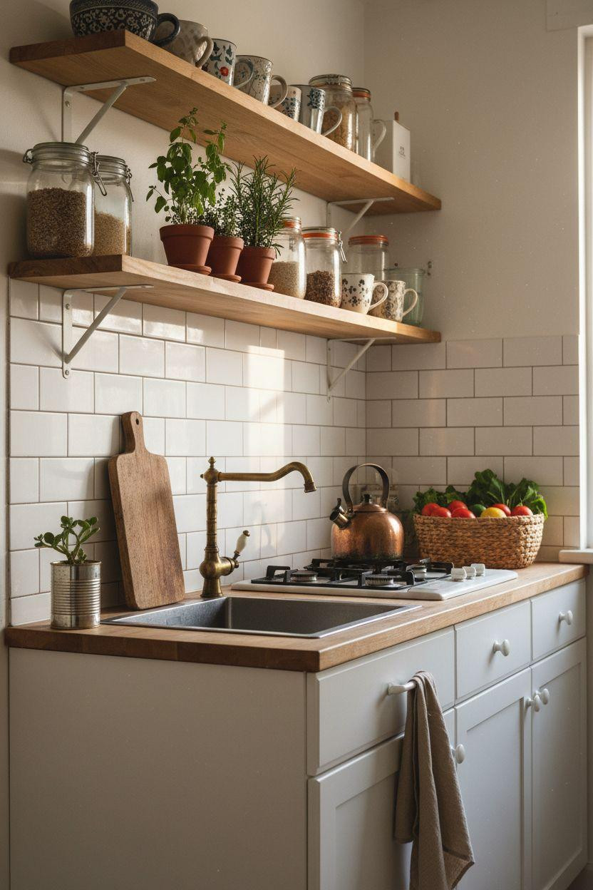 tiny kitchen ideas on a budget with white peel-and-stick backsplash