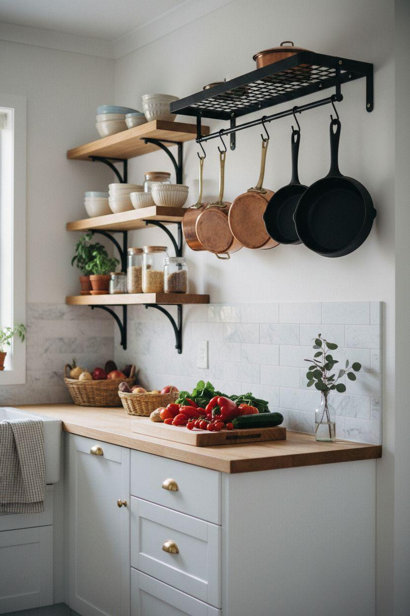 Tiny Kitchen Ideas - wall-mounted pot rack with hanging copper pots
