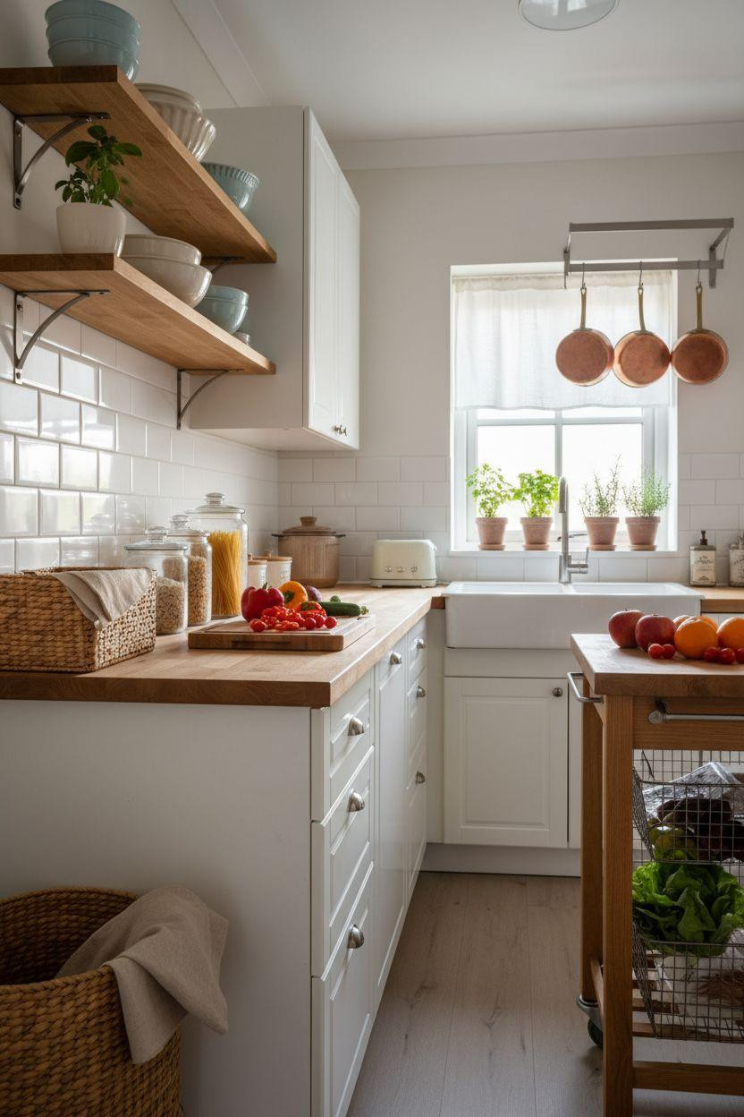 Tiny Kitchen Ideas - rolling butcher block island cart with wire baskets