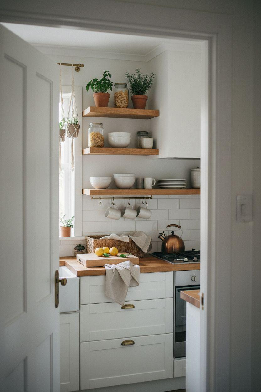 Tiny Kitchen Ideas - three-tier floating oak shelves with white dinnerware