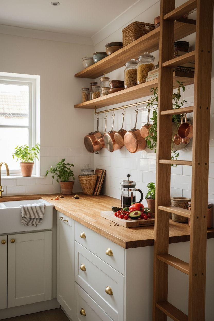 Tiny Kitchen Ideas - custom ladder shelves for vertical storage