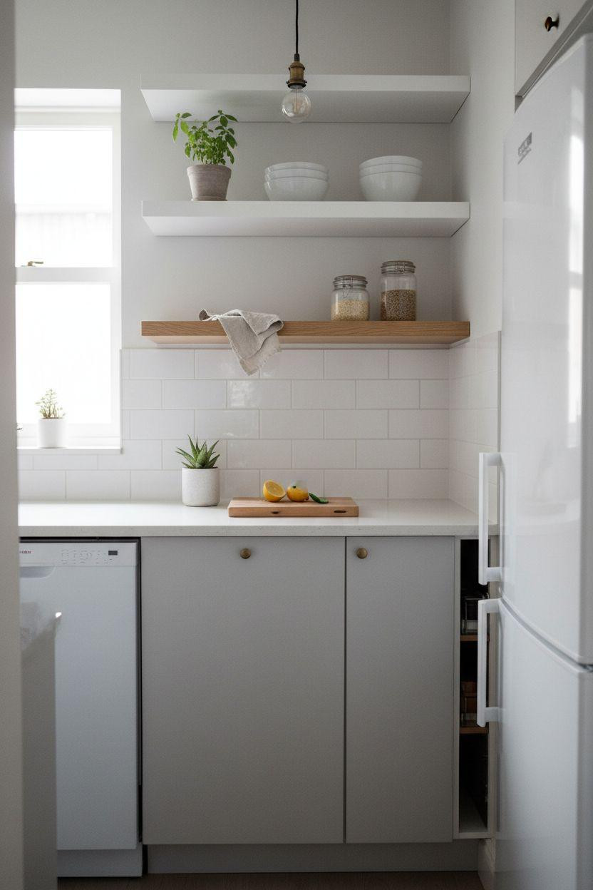 Tiny Kitchen Ideas - Scandinavian style with light gray cabinets and white quartz