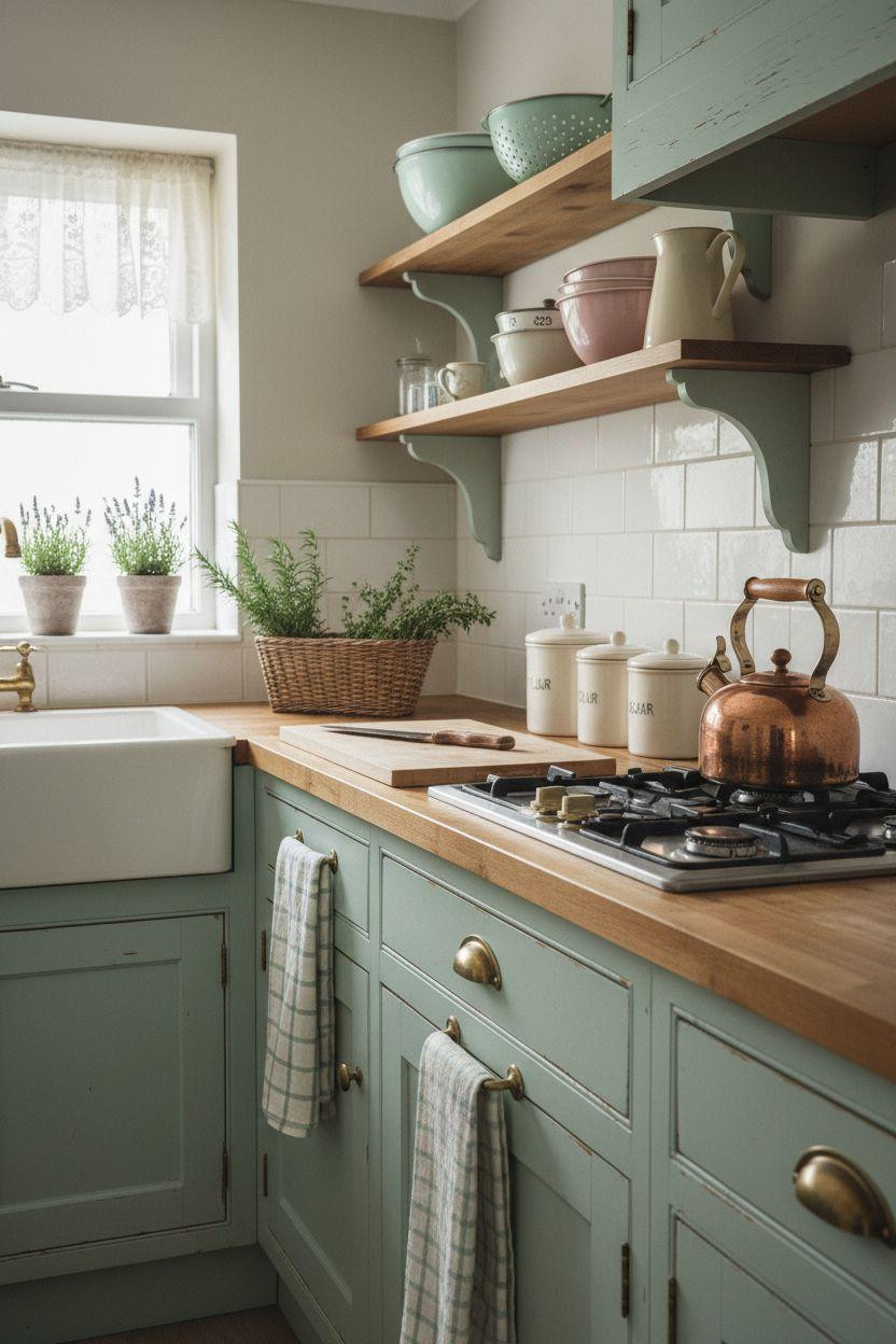 Tiny cottage kitchen with pastel mint cabinets and vintage enamelware