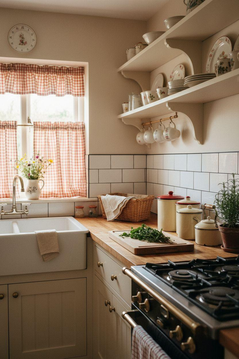 Tiny cottage kitchen with red gingham curtains and white farmhouse sink