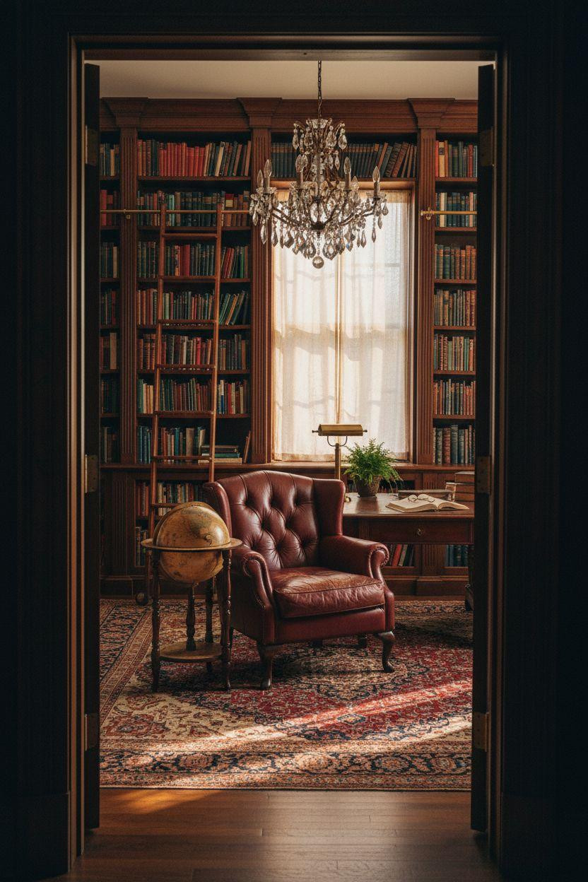 Cozy Home Library Ideas traditional with burgundy leather