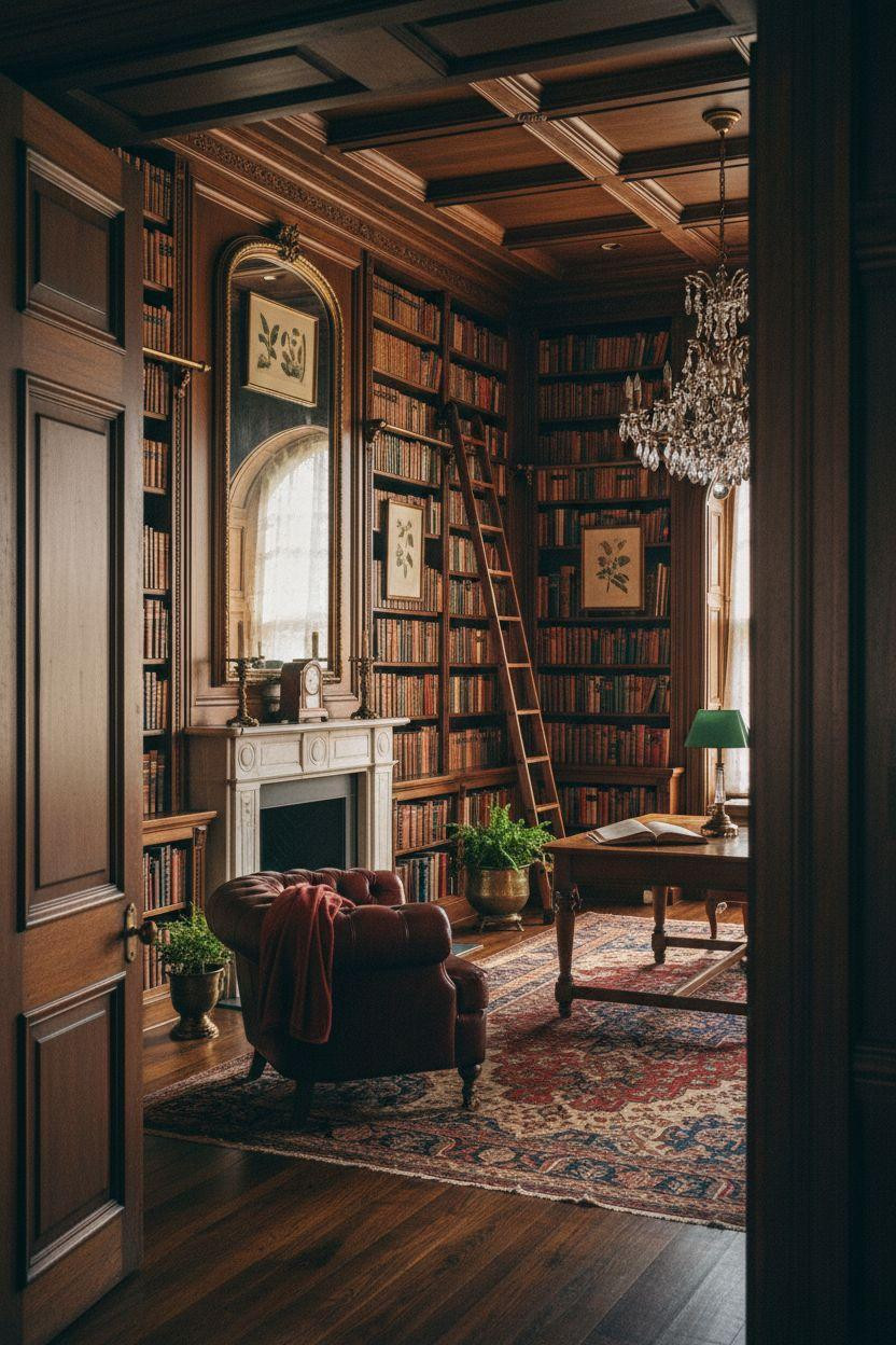 Dream Home Library Ideas - grand oak library through carved doorway
