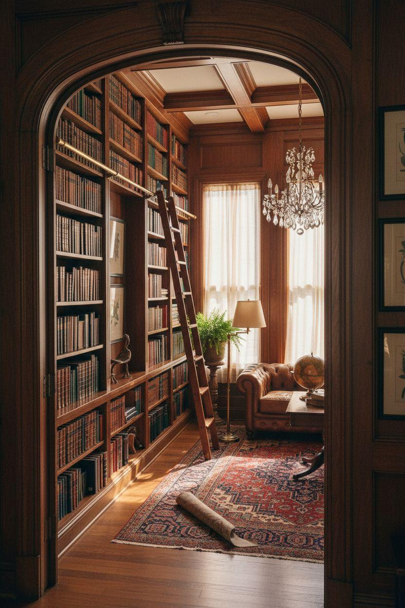 Home Library Rooms Ideas - classic library with brass ladder and chandelier