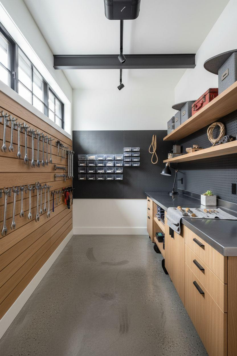Garage Storage Ideas with custom pegboard and workbench system