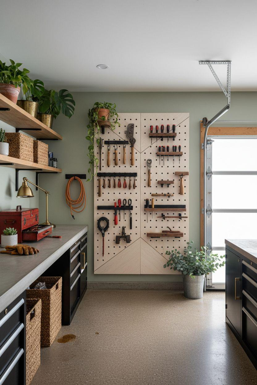 Garage Storage Ideas with plants and sage green accents