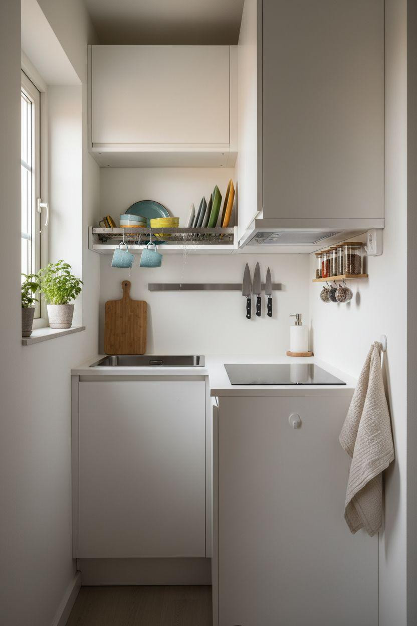 tiny kitchen ideas on a budget with fold-down drying rack