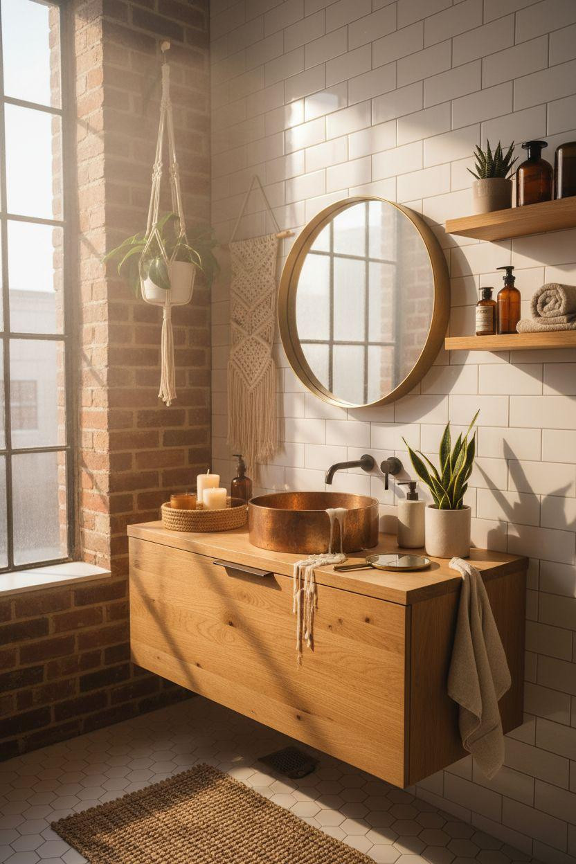 Vibey Bathroom featuring unique copper fixtures and warm tones