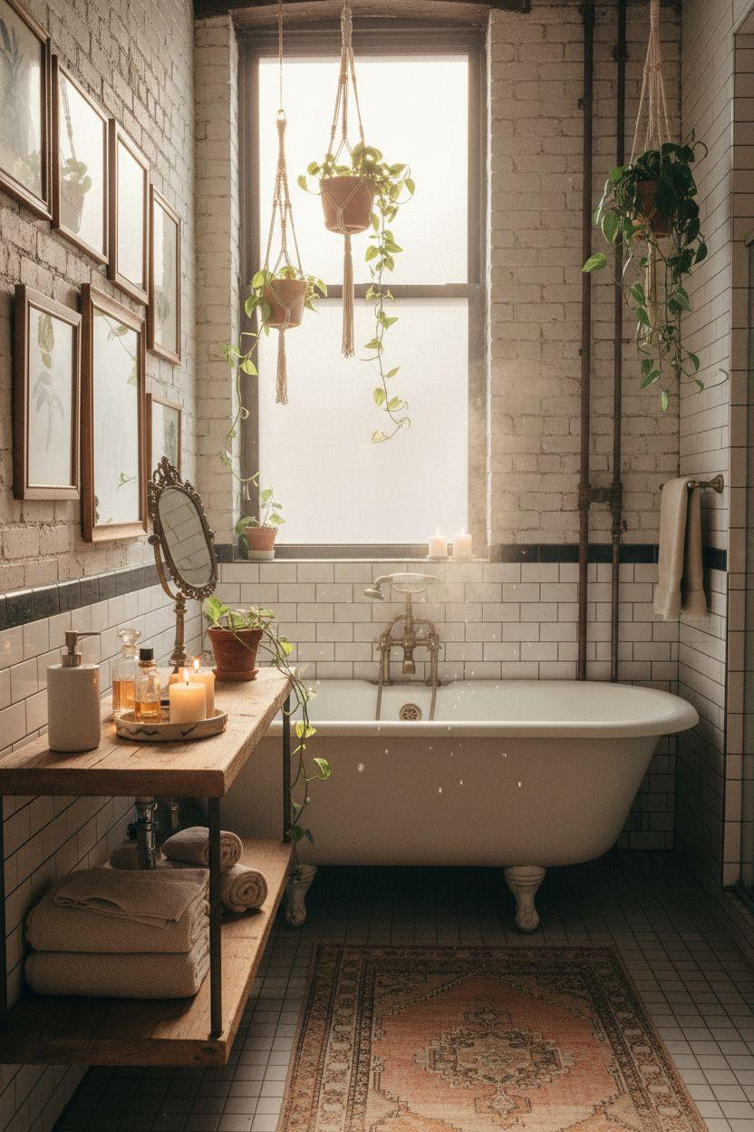 Vibey Bathroom with vintage clawfoot tub and bohemian details