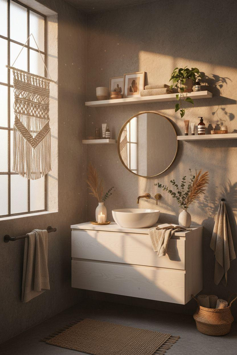 Vibey Bathroom blending industrial and bohemian elements