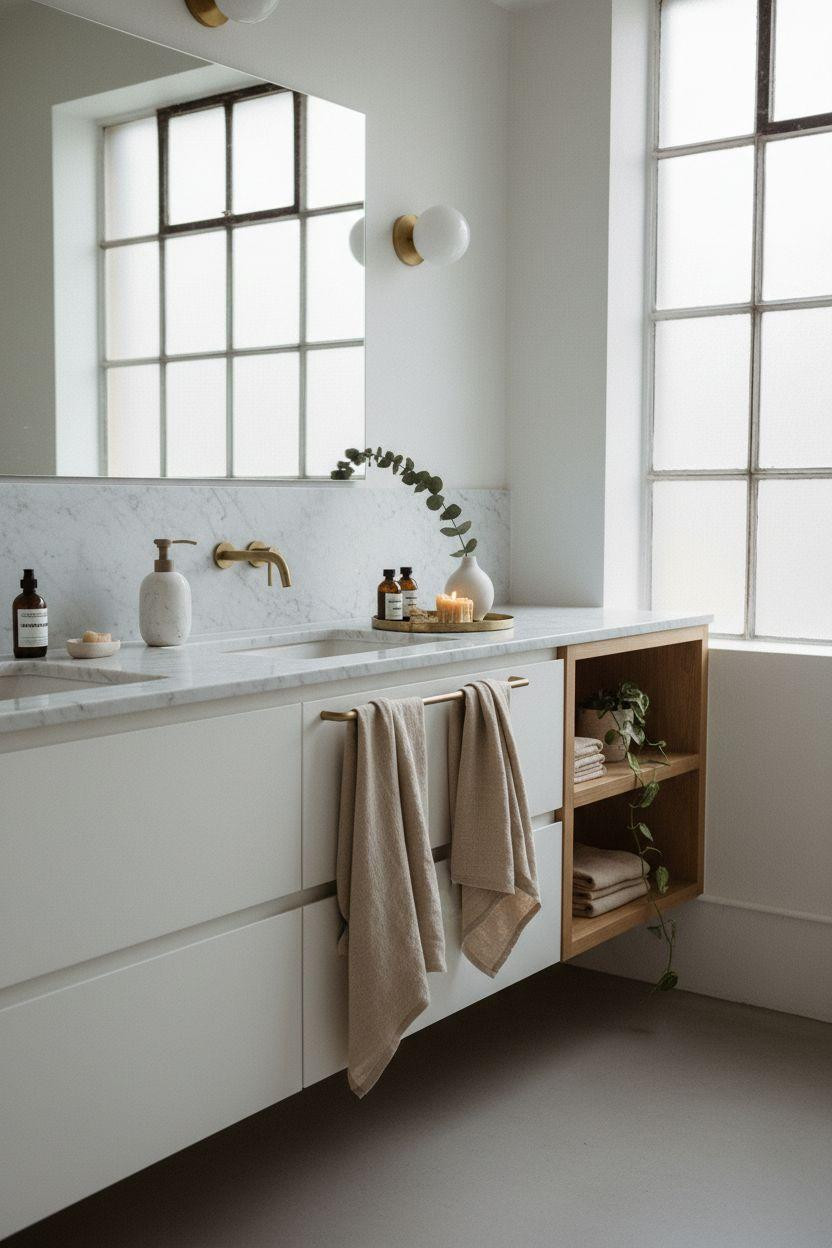 Vibey Bathroom with serene marble and natural textures
