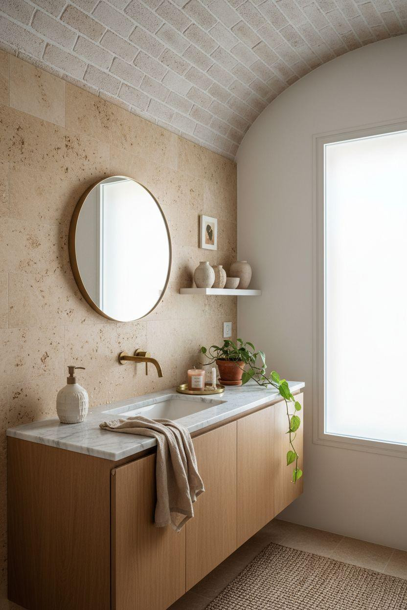 Vibey Bathroom with natural light and travertine tiles