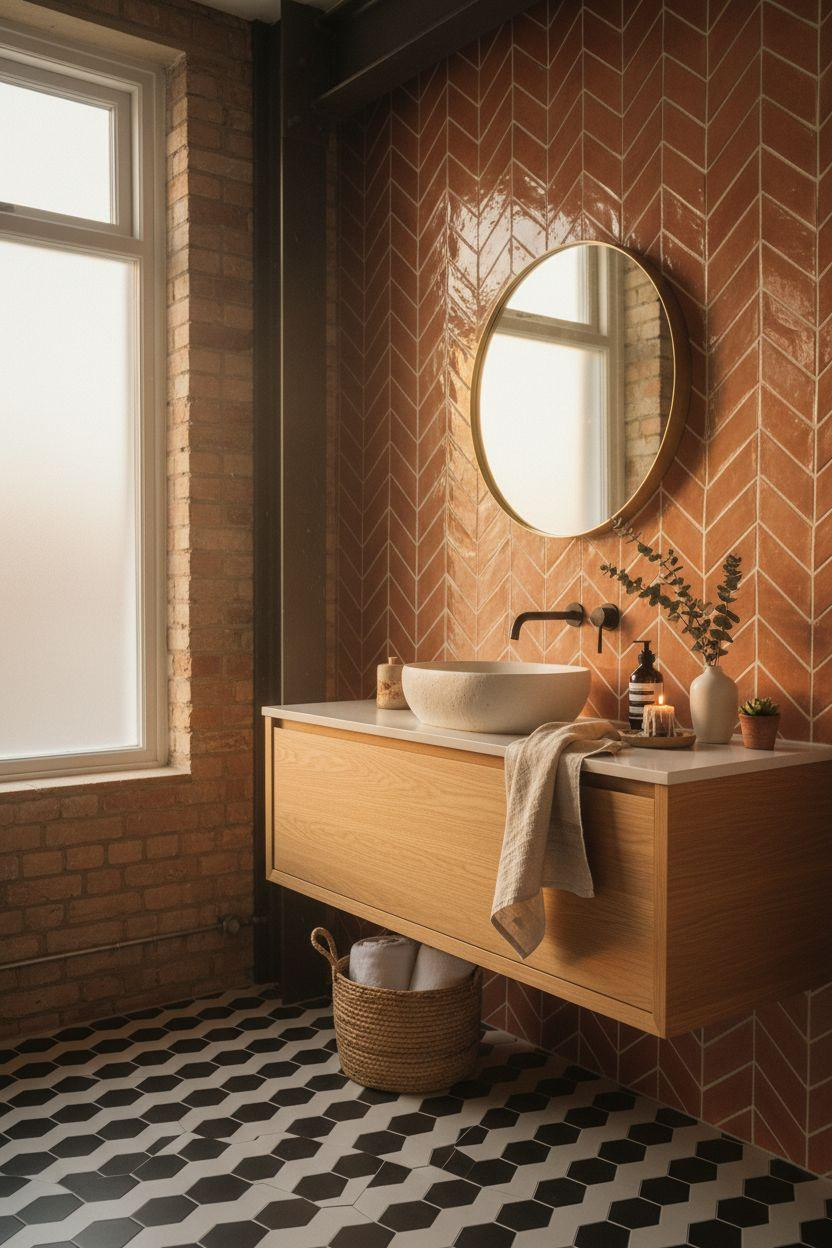 Vibey Bathroom with handmade tiles and geometric patterns