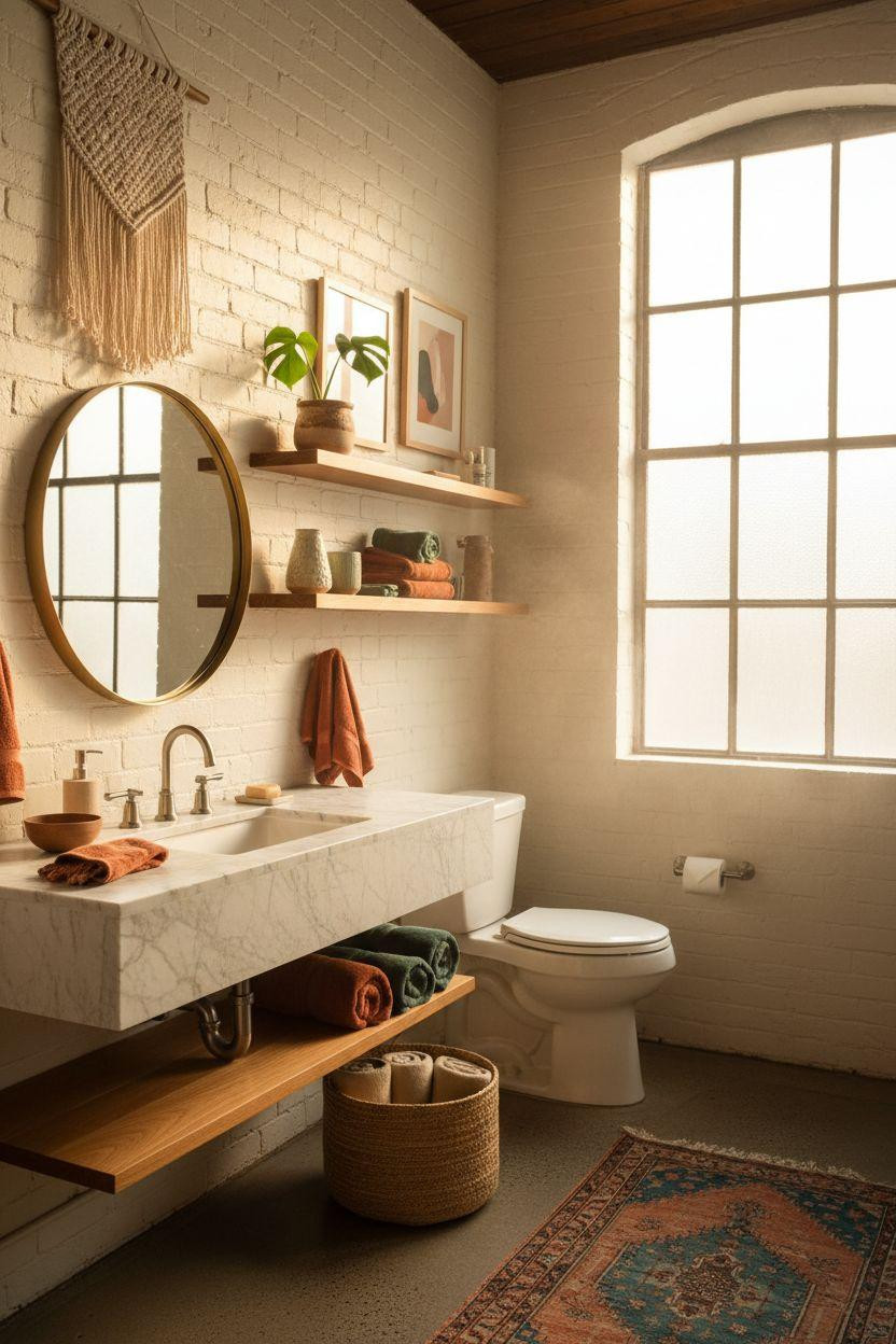 Vibey Bathroom displaying art and vibrant accents