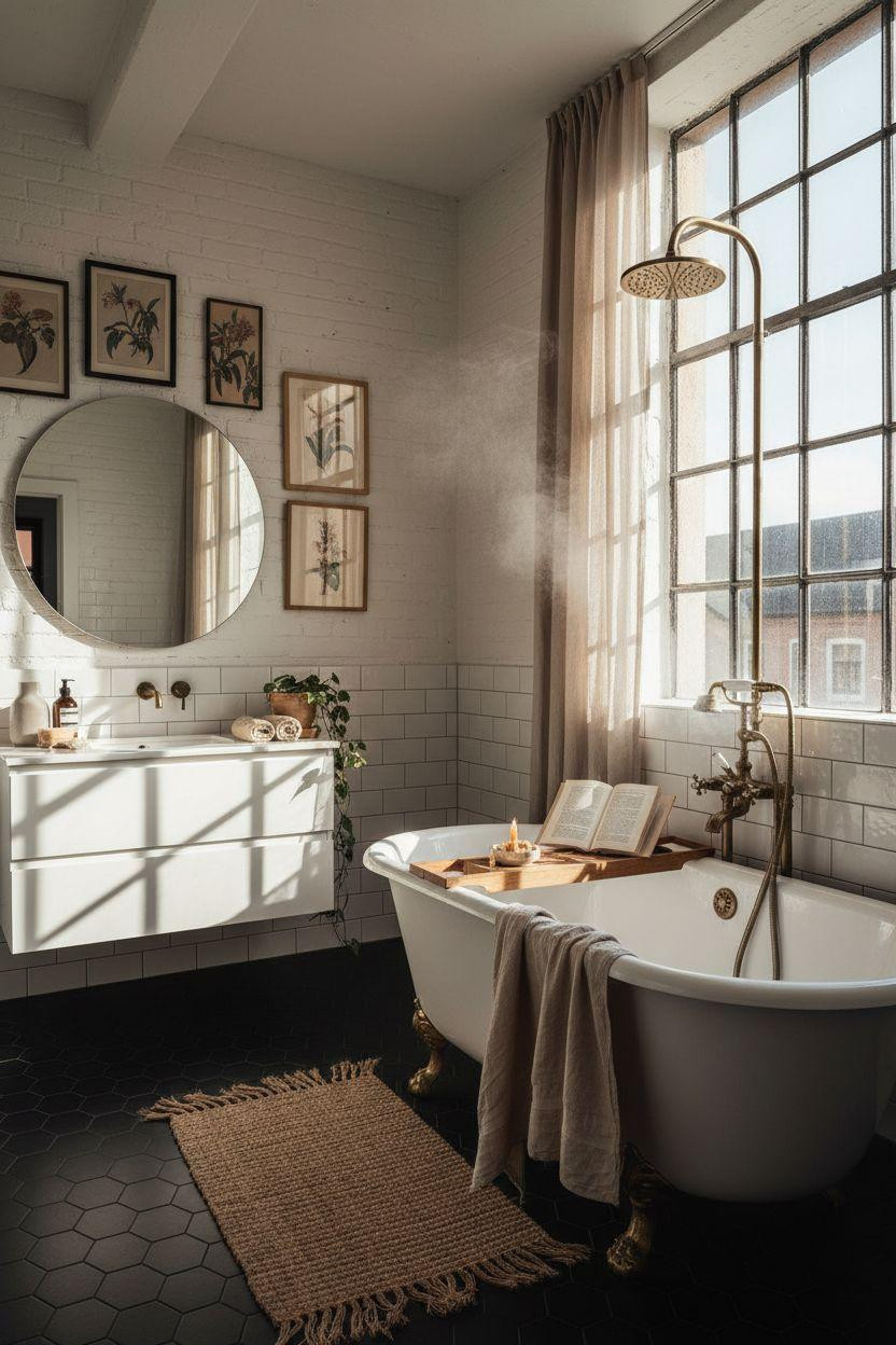 Vibey Bathroom with exposed brick and vintage fixtures