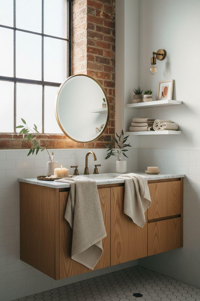 Vibey Bathroom featuring industrial elements and brass accents