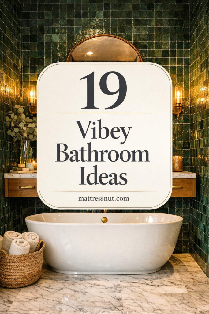 Atmospheric spa bathroom with emerald green zellige tile walls, freestanding white porcelain soaking tub on honed Carrara marble floor, warm brass sconces, floating oak vanity with unlacquered brass faucet, cream towels in jute basket, botanical soaps, eucalyptus vase, and arched brass mirror. Overlay displays '19 Vibey Bathroom Ideas'.