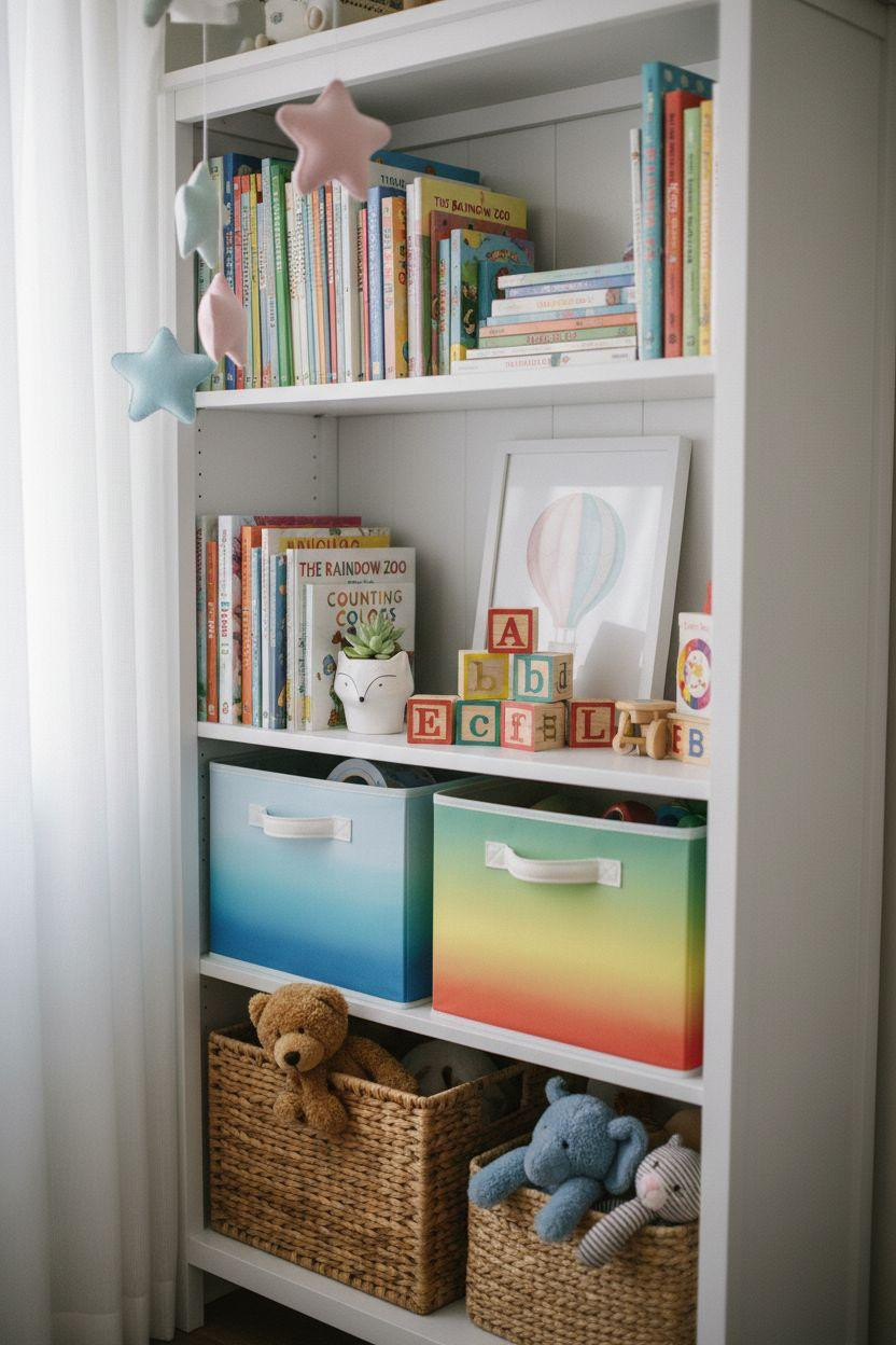 Nursery Bookshelf with bright colorful books and toys