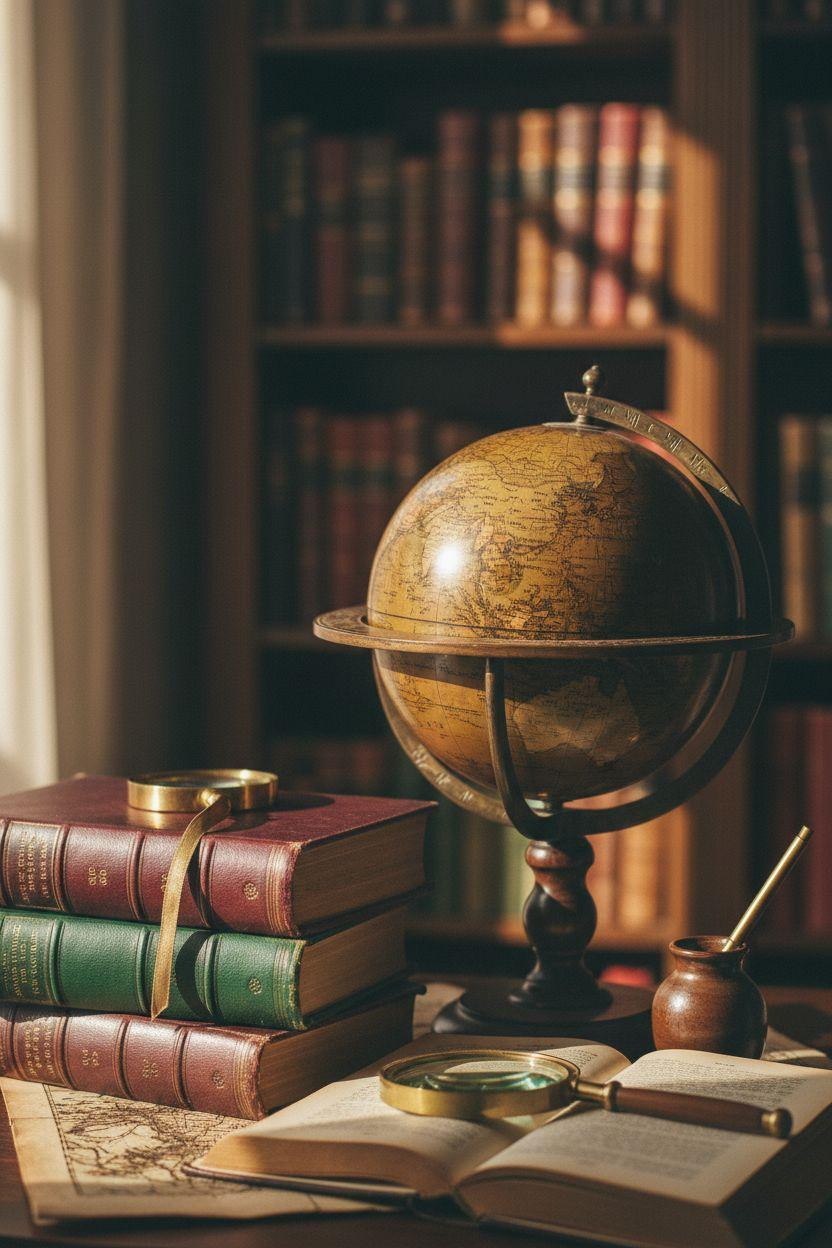Dream Home Library Ideas - vintage brass globe styling vignette