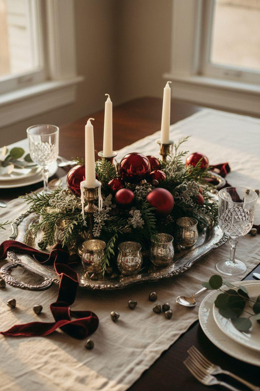 Holiday centerpieces for tables with vintage silver and red