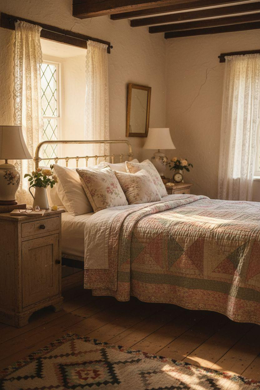 Cottage Bedroom - 1920s cottage with geometric quilt and lace