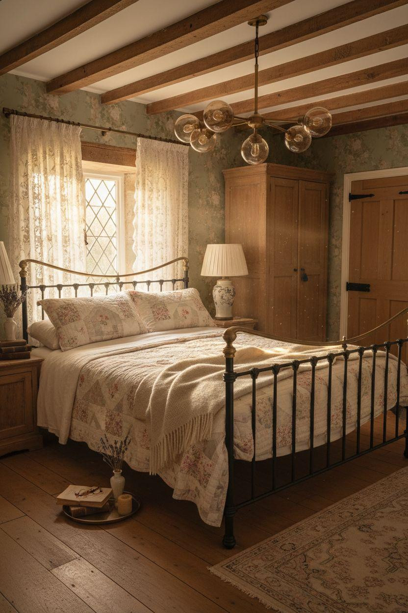 Cottage Bedroom - brass chandelier with modern black hardware