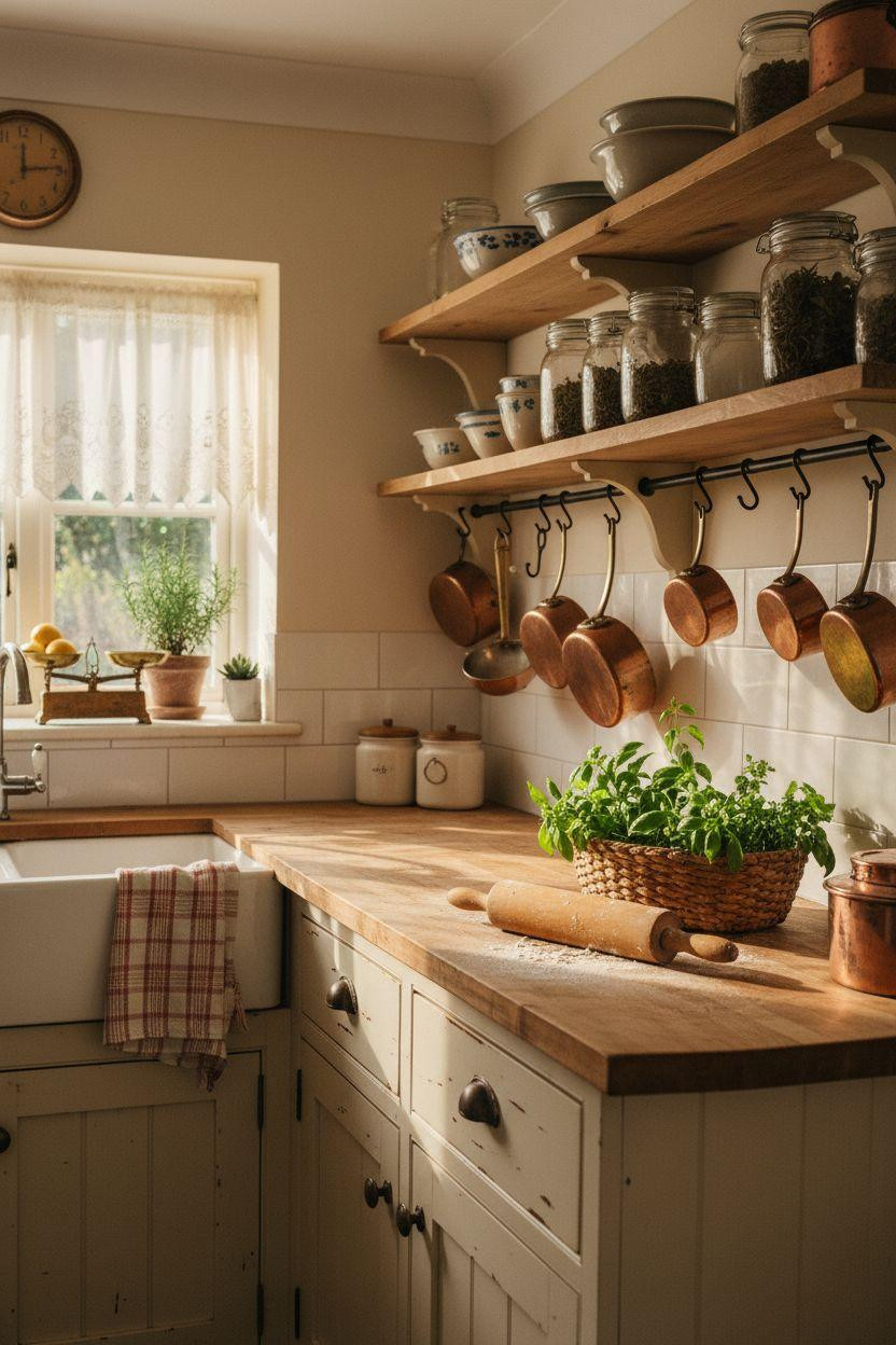 Tiny cottage kitchen with distressed cream cabinets and copper cookware
