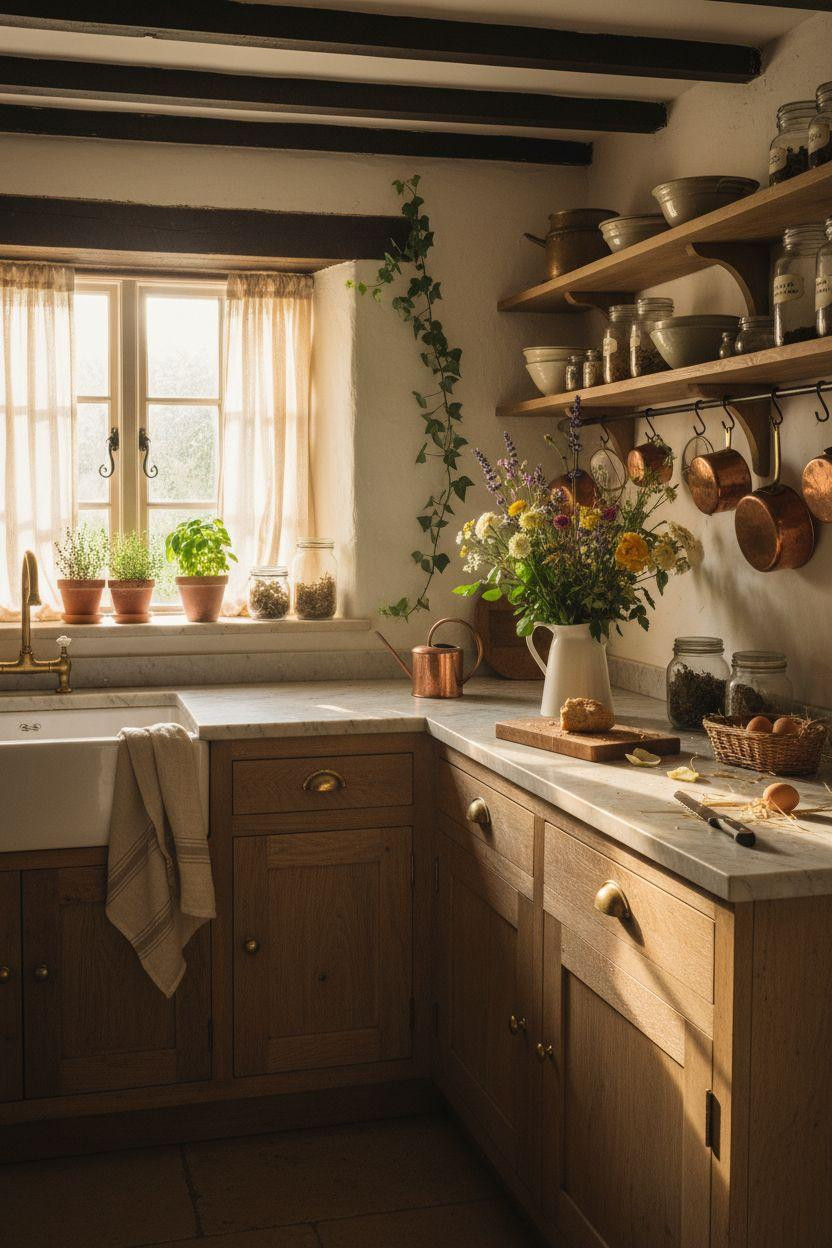 Cottage Kitchen with windowsill herb garden and lace curtains