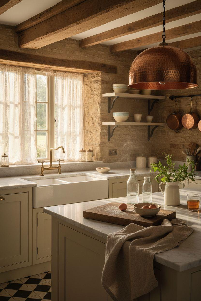 Cottage Kitchen featuring hammered copper pendant light over marble island