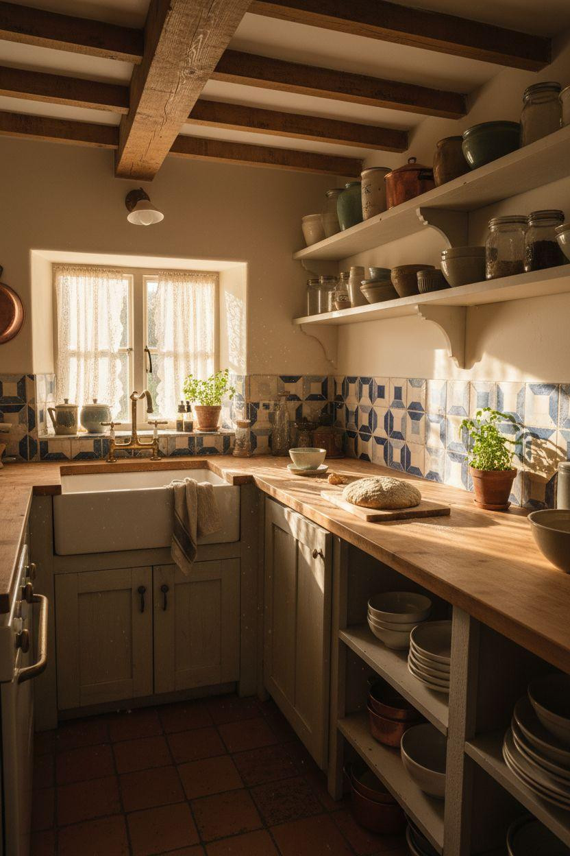 Cottage Kitchen with hand-painted blue geometric tile backsplash