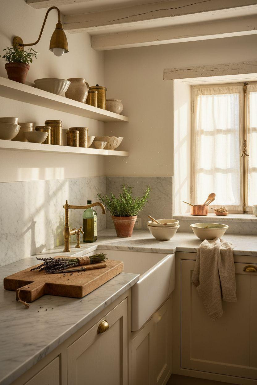 Cottage Kitchen with cream painted cabinetry and marble countertops