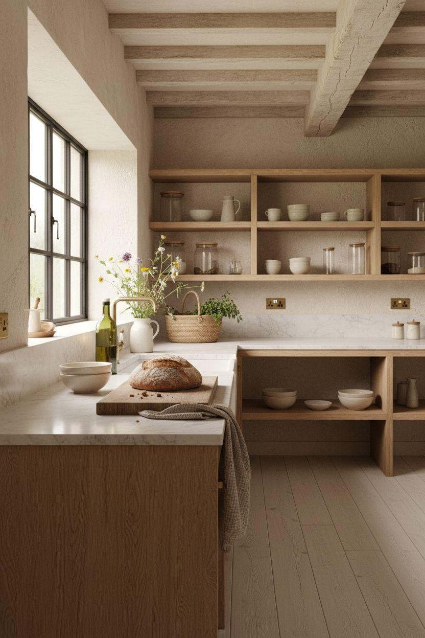 Cottage Kitchen featuring honed marble counters and white oak shelving