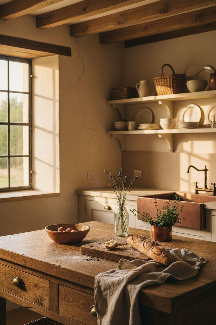 Cottage Kitchen with limestone counter and copper sink