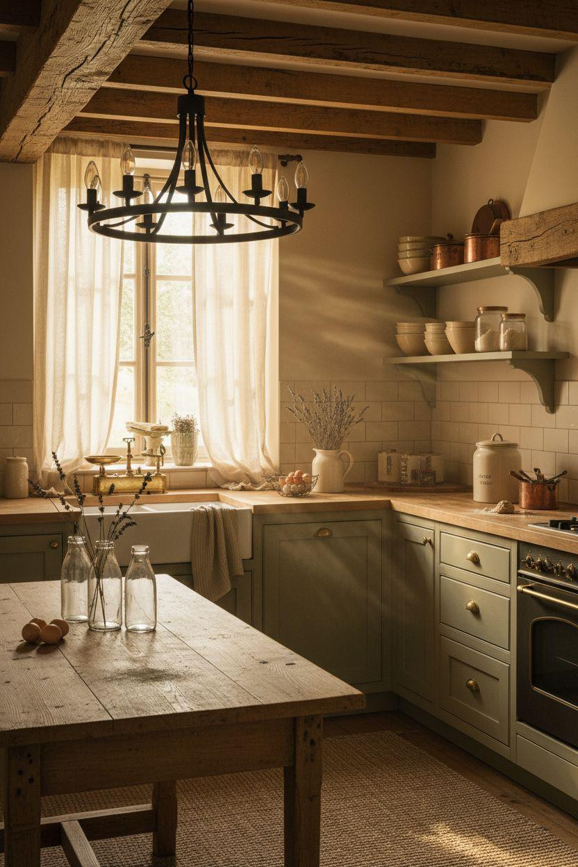 Cottage Kitchen featuring black iron chandelier and cream cabinetry
